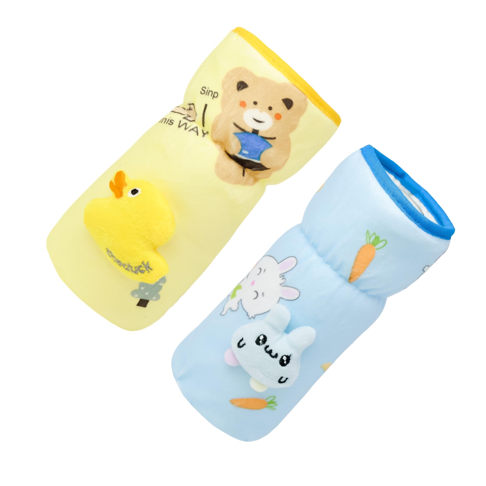 THE LITTLE LOOKERS Soft Plush Stretchable Baby Feeding Bottle Cover with Easy to Hold Strap | Cute Animated Overall Print Pack of 2 (Yellow & Blue, Narrow Neck 240ml/8oz)-image-30