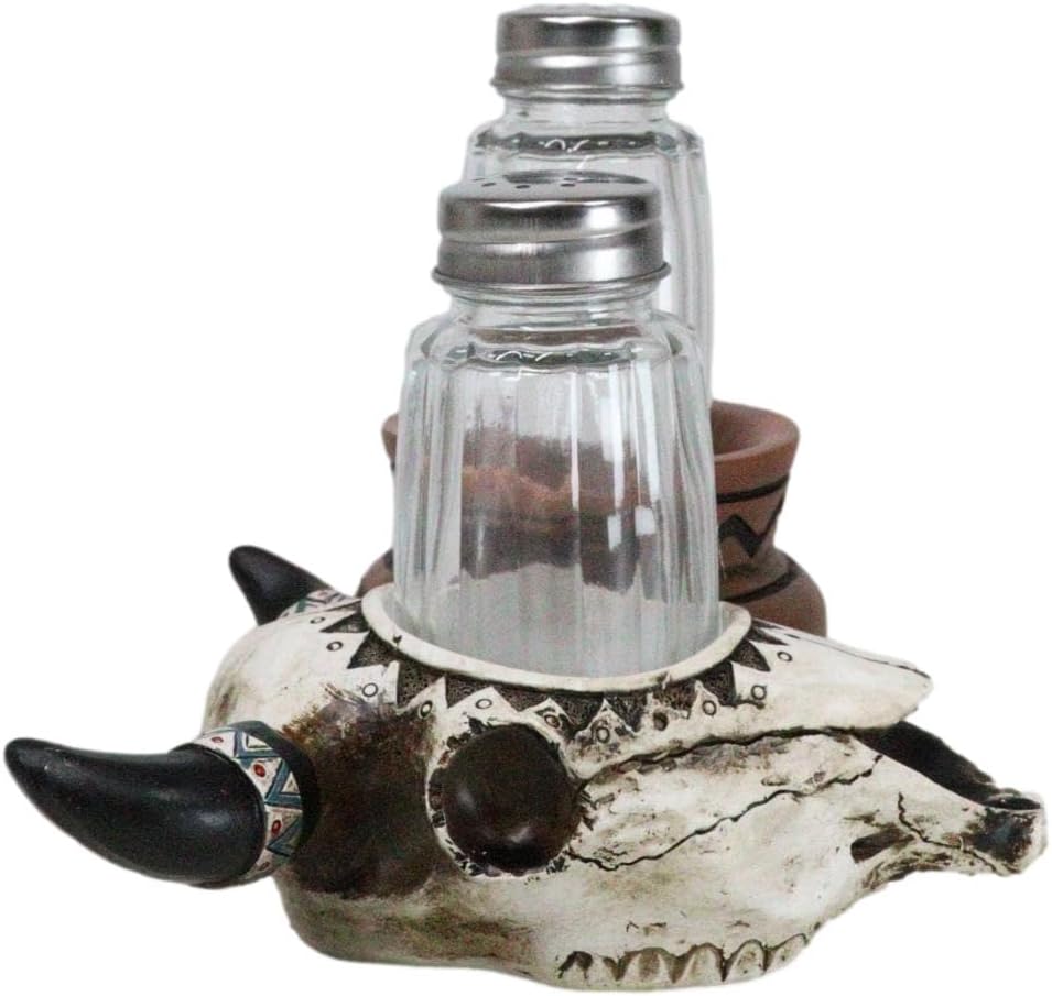 Ebros Gift Southwestern Native American Indian Buffalo Cow Skull With Hopi Canister Jar Glass Salt And Pepper Shakers Holder Figurine Set Decorative Home And Kitchen Accent