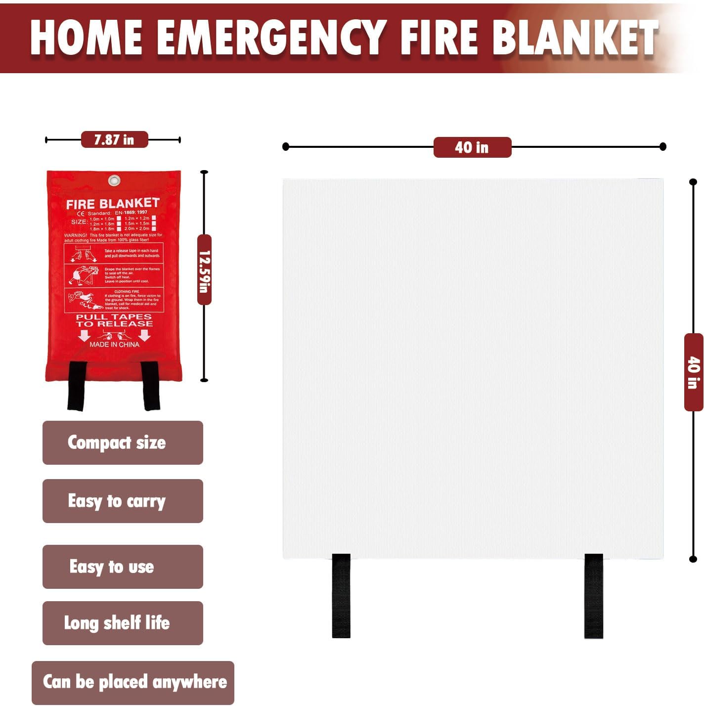 MDH Fire Blanket 40x40 inches Fiberglass w/Gloves Hooks Whistle - Fireproof Safety for Home Kitchen Restaurant House - Fire Suppression Reusable (Fire Blanket 2-Pack) - Image 3