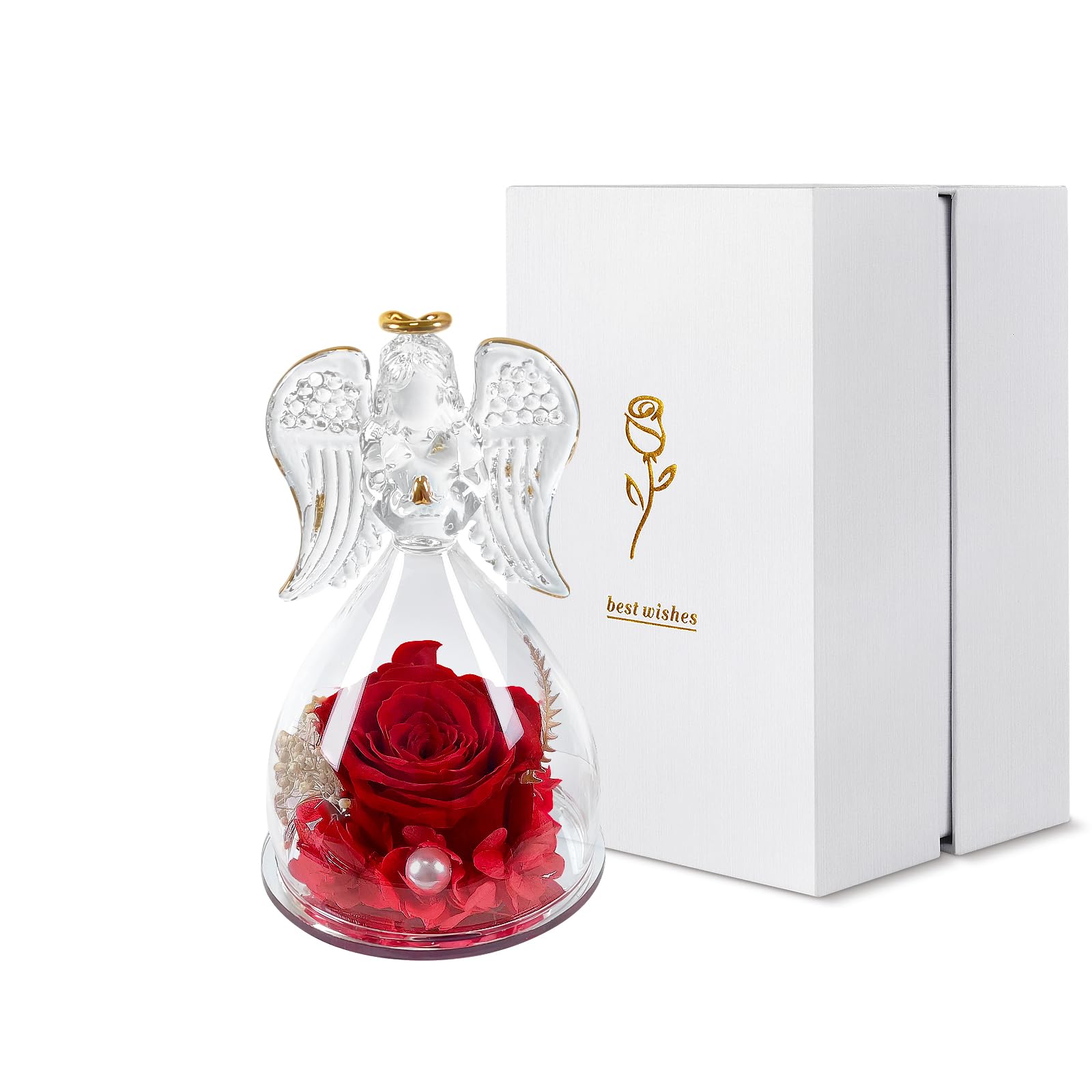 Guardian Angel Glass Rose, Birthday Gifts for Women,Mom,Wife,Glass Angel Figurines Gift with Forever Rose,Gifts for Grandma, Preserved Real Flower, Christmas