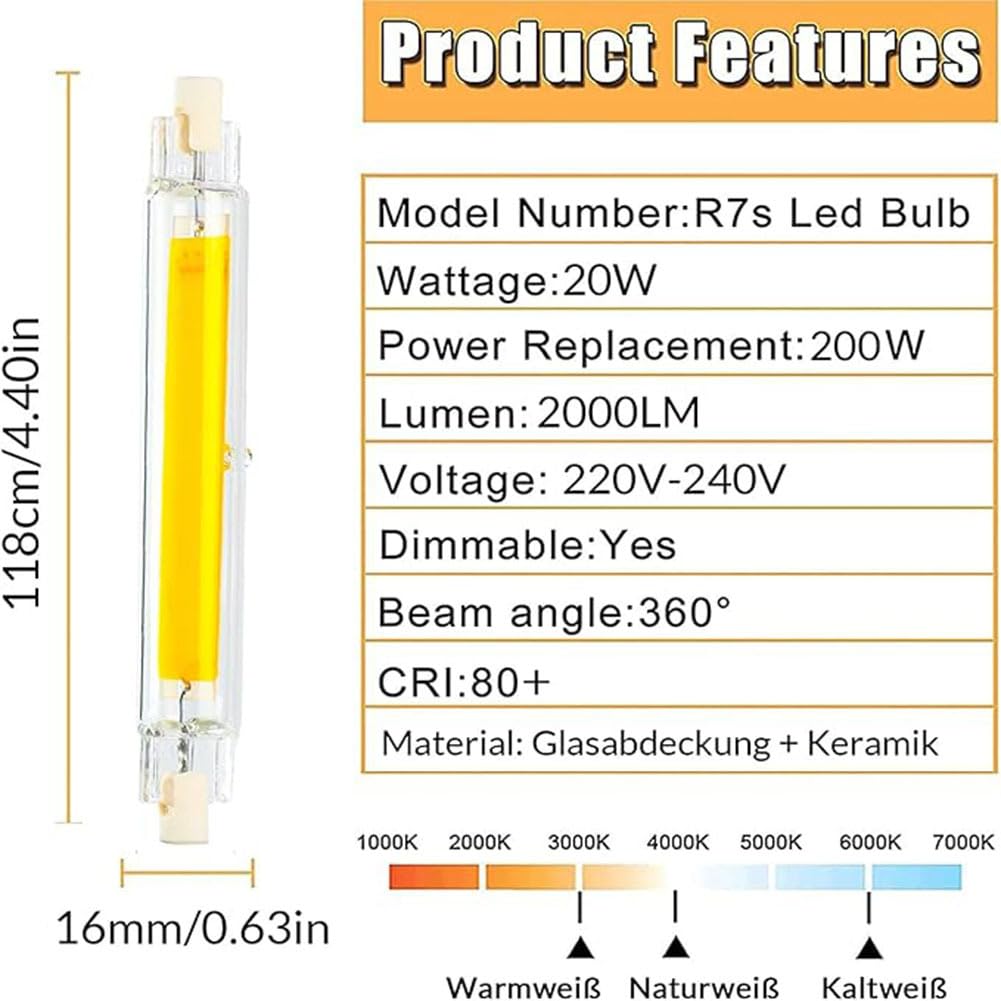 Générique Ampoule LED R7S 118mm 20W Lampe dimmable, réflecteur à Double extrémité COB Lampe linéaire de Remplacement J118 200W LED Ampoule halogène,Naturalwhite,118mm4pcs