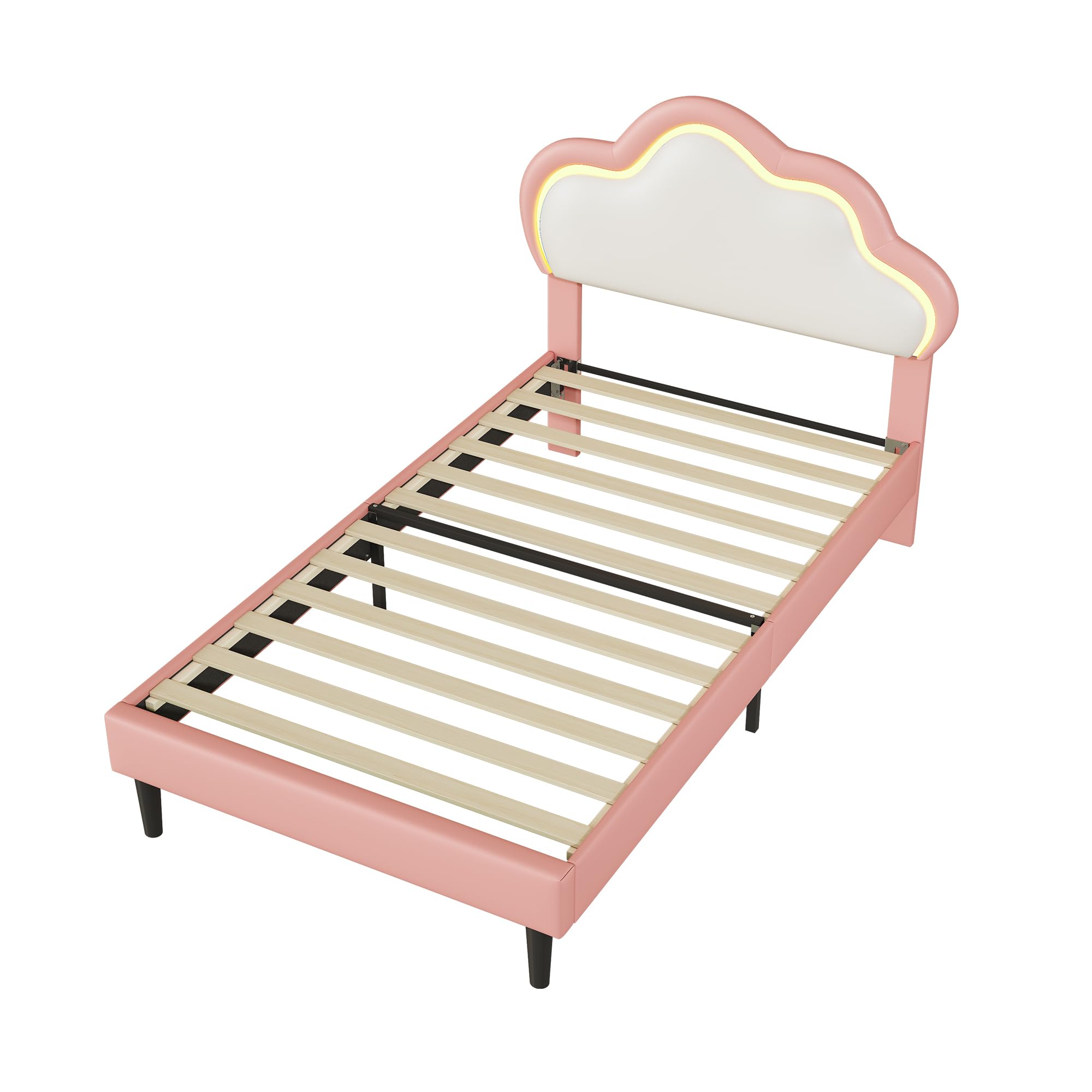 Letto Imbottito per Bambino 90x200, Letto per Bambino con LED, Letti Principessa per Ragazza, Letti per Adolescenti Ragazza (Rosa+Cuoio, 90 x 200 cm)