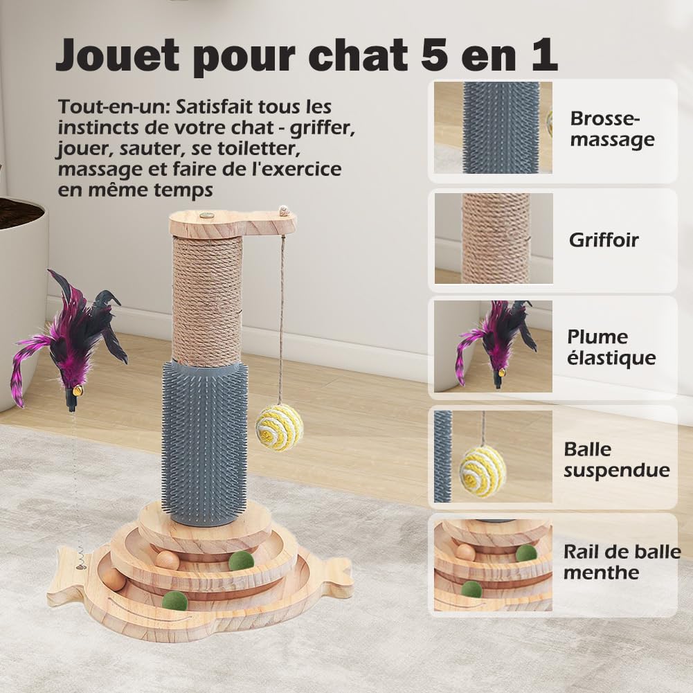 Marchul 5 en 1, Griffoir pour Chat avec Boule Suspendue, Jouet de Piste en Bois avec Plume à Ressort, Jouet d'intérieur interactif