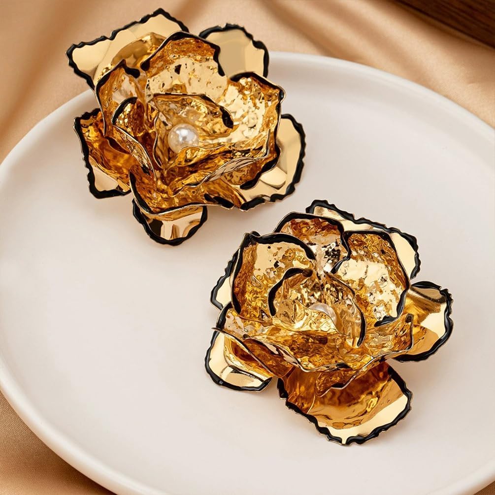 Unique Large Statement Gold Flower Stud Earrings for Women Trendy, Charm Big Floral Pearl Earring Oversized Cocktail Party Prom Jewelry Accessories - Image 5