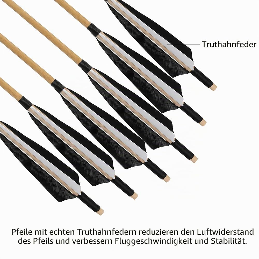 Generisch 12x 31 Traditionelle Holzpfeile Handgemachte Jagdpfeile mit 5" Truthahnfeder Befiederung Holzschaft Schießpfeile mit Jagdbreitspitzen für Recurvebogen Langbogen Traditioneller Bogen
