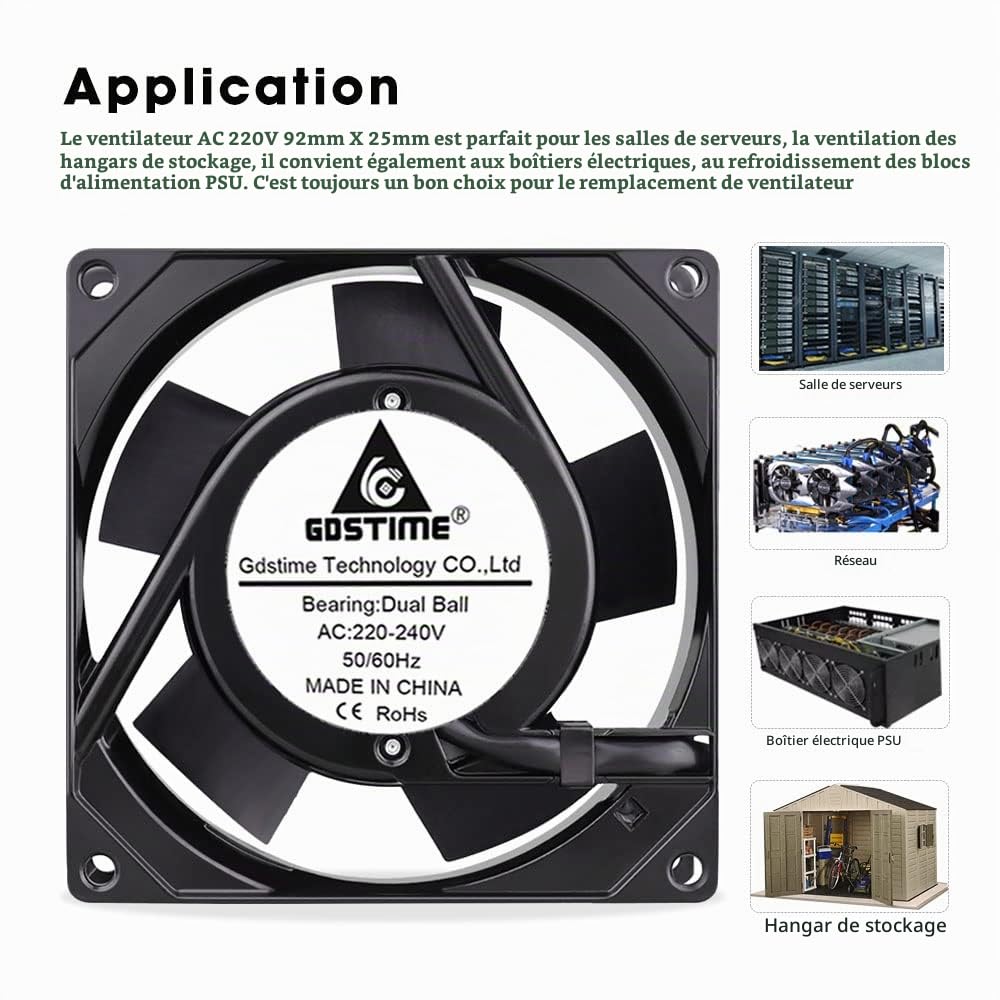 GDSTIME Ventilateur 92mm 220V 92x92x25 Ventilateur PC à roulement à billes | ventilateur 220v 92mm ventilateur pc 92mm 230v ac fan pour refroidissement