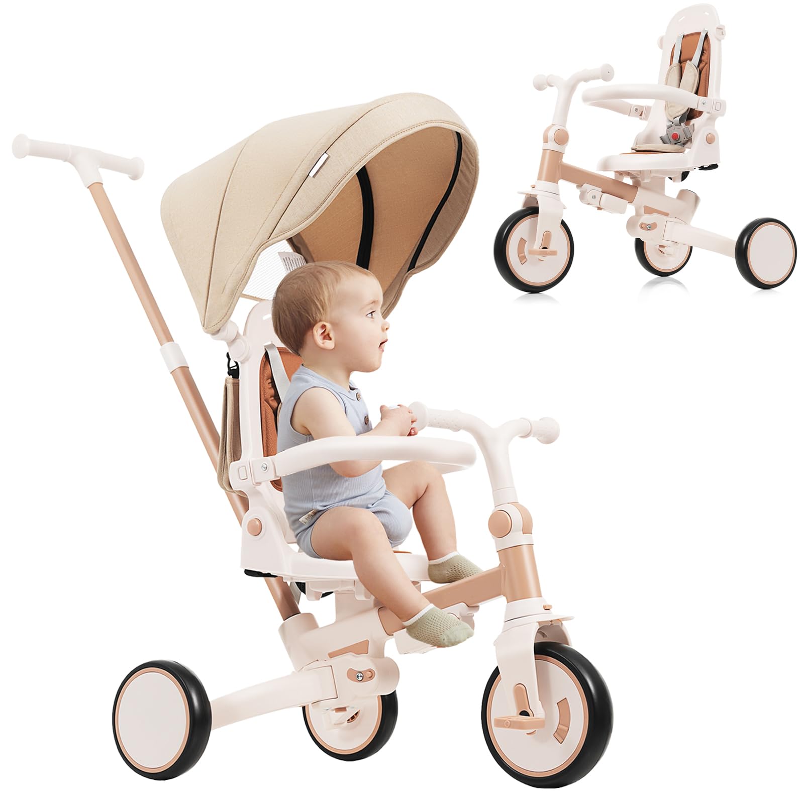 Toddler Tricycle, 7 in 1 Folding Kids Trike for 1-6 Years Old Boys and Girls Gift, Balance Bike with Removable Pedal, Canopy, and Guardrail,