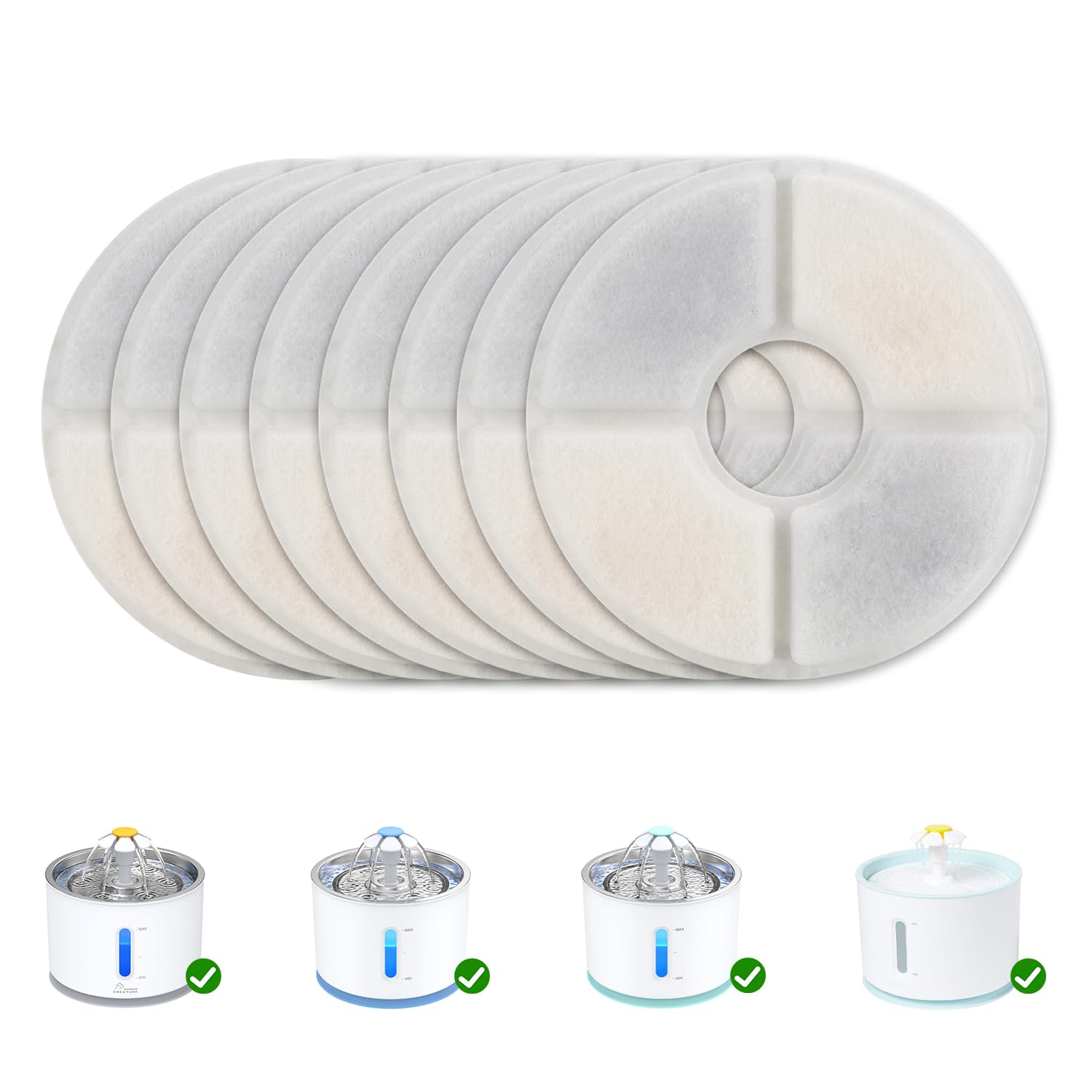 Wonder Creature Cat Water Fountain Filter Replacement, 6/8/12/16/8+4 Pack, Round Carbon Filters for 81oz/2.4L Stainless Steel Top Automatic Pet Fountain (8 Pack)