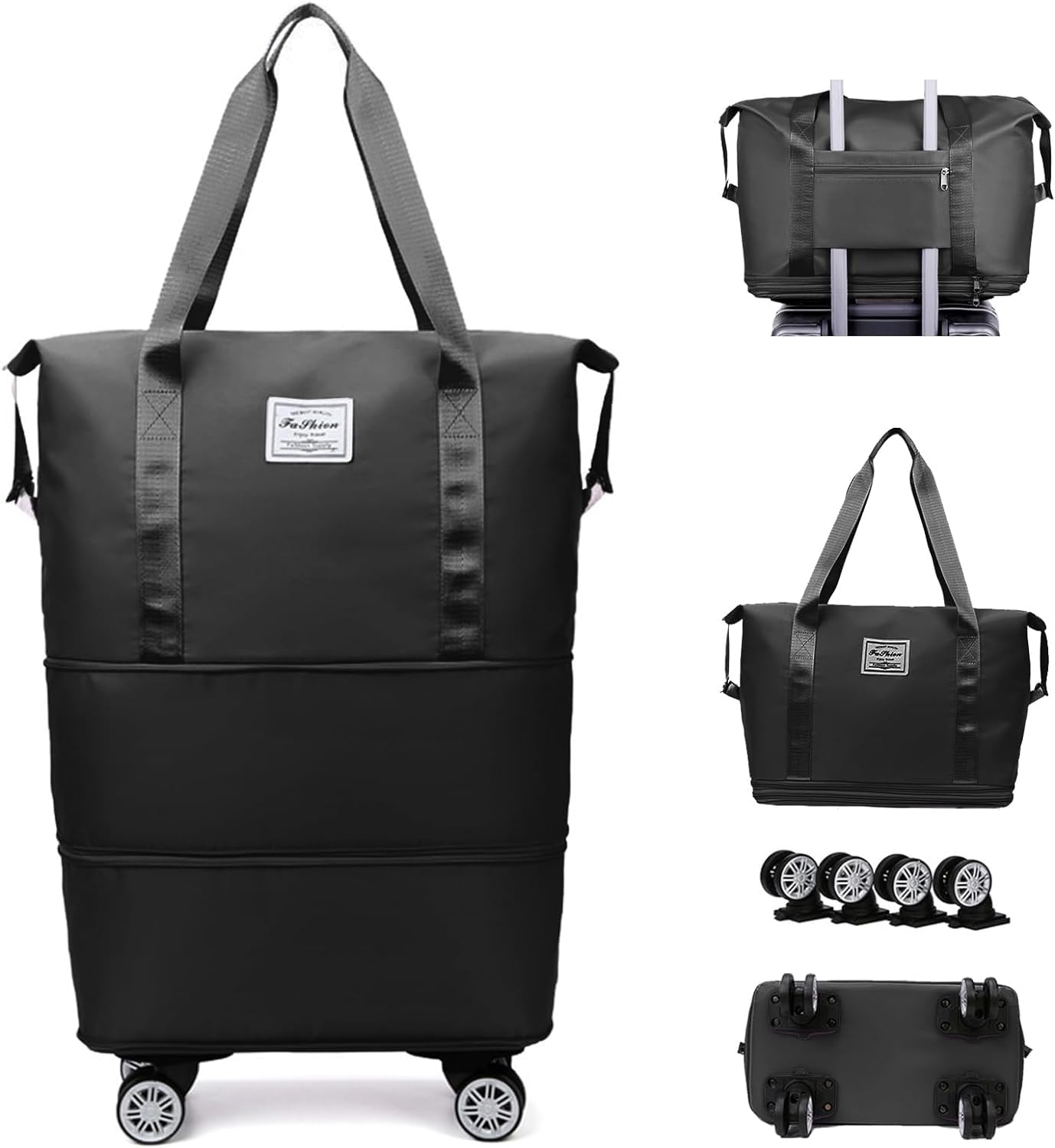 SIYONAARolling Duffle Bag with Wheels, Expandable Foldable Duffle Bag with Wheels and Handle for Travel Rolling Luggage Bag Carry on Duffel Bag Wheeled Travel Duffle Bag Large Weekend Bag Travel Bag (Black)