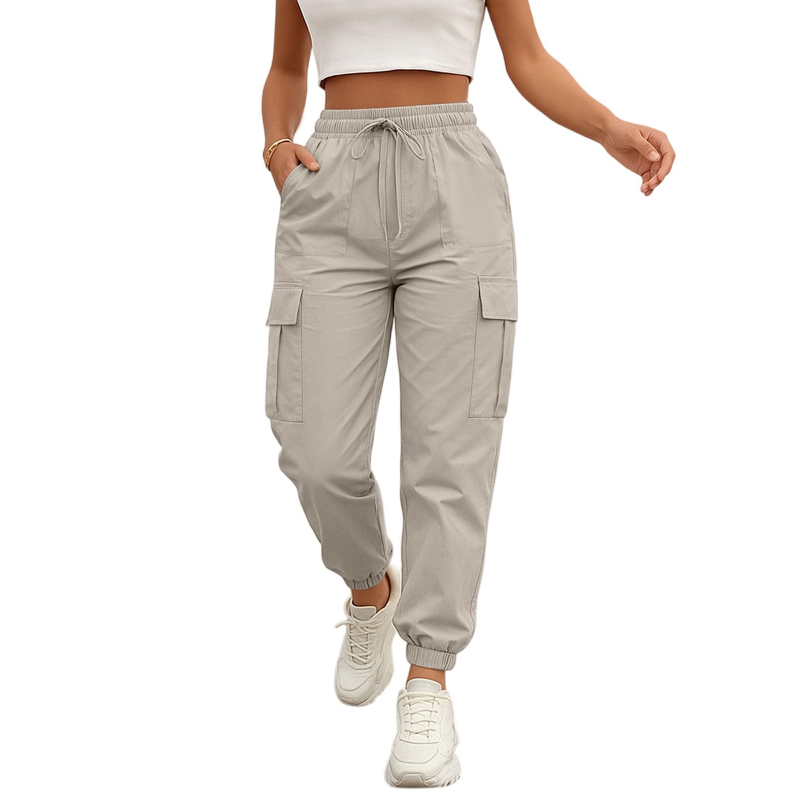Womens Casual Cargo Pants Solid Color Joggers Drawstring Waist Elastic Waistband Multiple Pockets Trousers