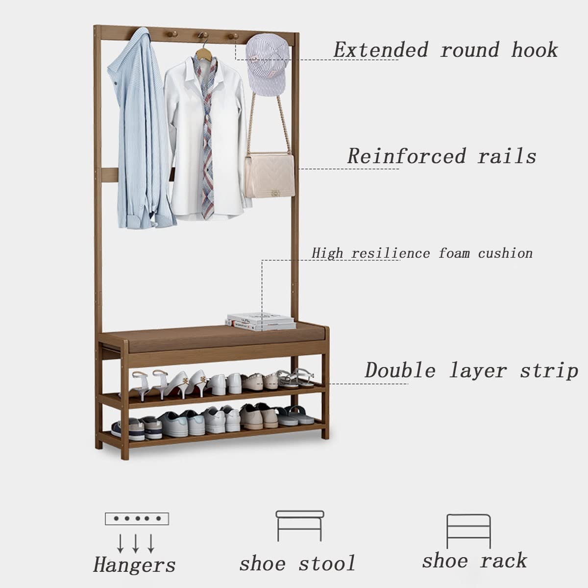 Garderobenständer aus Bambus, Bank mit Schuhablage, 3-in-1-Design für Garderobenständer, Kleiderbügel und Bank, Kombination, 50 cm Größe