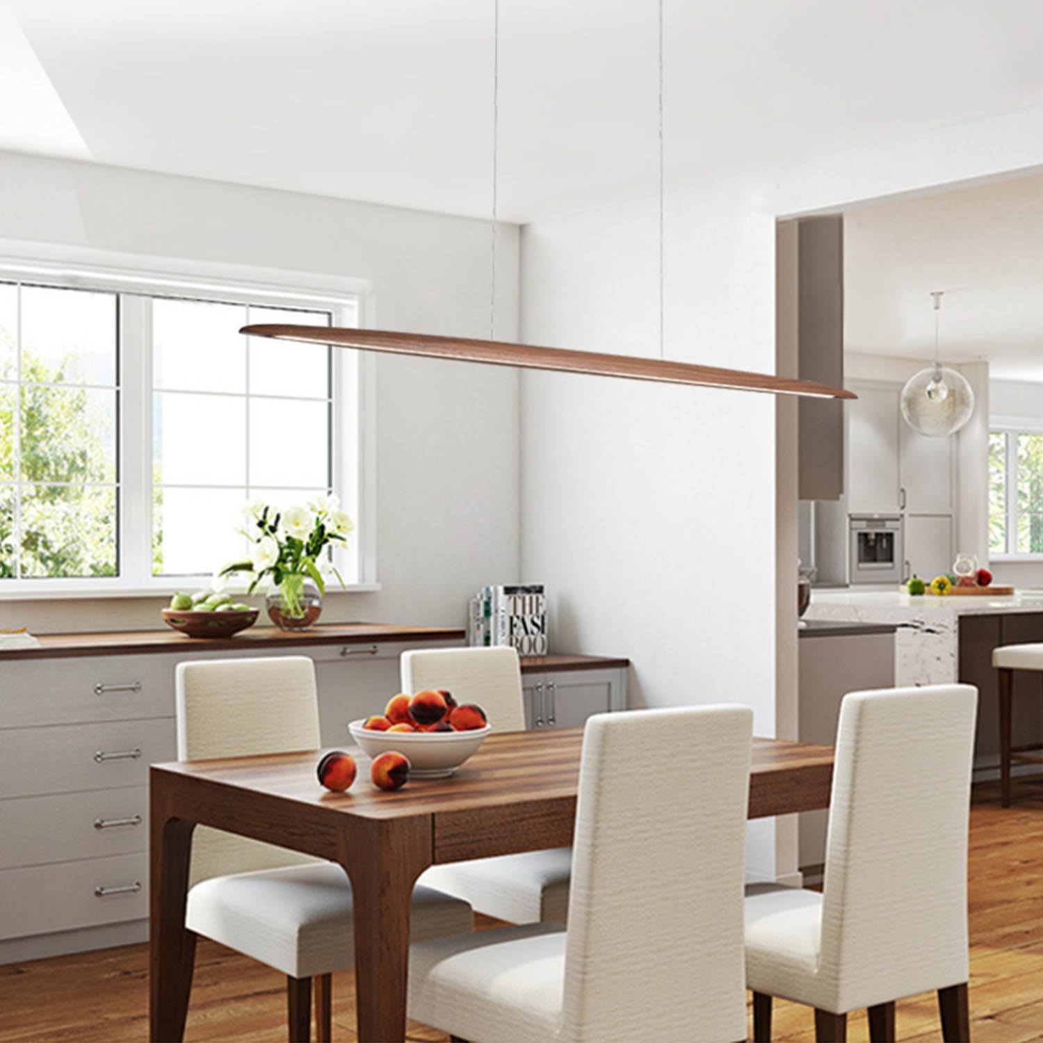 LED Wood Pendant Lamp Dining Table Pendant Lamp 3000-6000K Dimmable with Remote Control Table Pendant Lamp Height Adjustable Modern Straight Design Living Room Lamp Hanging (Peach Wood, L100cm)