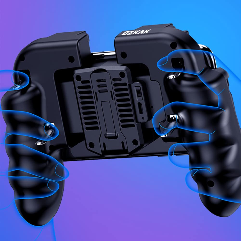 Manette Telephone avec Ventilateur, Contrôleur de Jeu Mobile Portable 6 Doigts Gamepad Joystick L1R1 L2R2 pour PUBG Android iOS iPhone Samsung Huawei Smartphone
