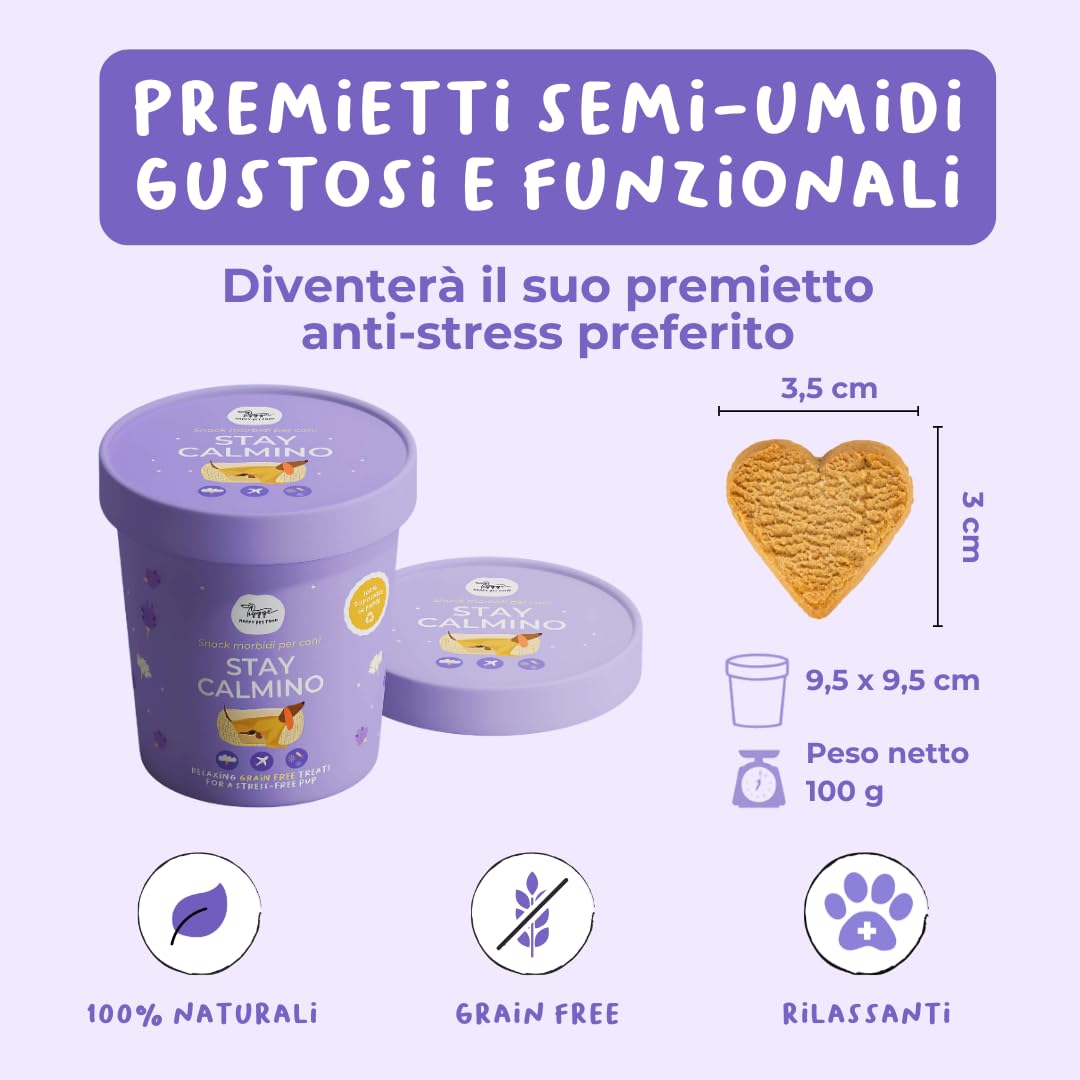 Hygge Dog Stay Calmino Biscotti Rilassanti Semi-Umidi per Cani | Snack Naturali con Valeriana, Melissa e Lavanda | Biscotti Senza Glutine Ideali per Stress, Viaggi e Temporali | 3x100g Made in Italy