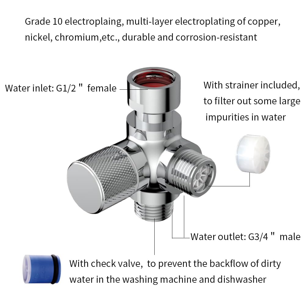 Válvula de desviador de 3 vías, válvula de agua adaptador en T, válvula de desviador de tres vías G1/2" en forma de ángulo, una rosca interior y dos válvulas T de rosca exterior con un mango