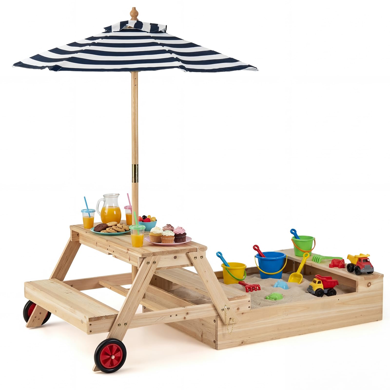 COSTWAY Arenero de Madera Infantil 3 en 1, Caja de Arena con Sombrilla Ajustable, Mesa de Picinic, Bancos, 2 Compartimentos Ocultos, Ruedas, Conjunto de Juego para Exterior para Niños de 3 a 5 Años