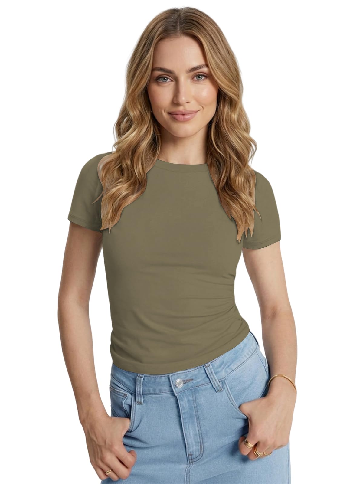 Cuptacc Koszulka damska, basic, okrągły dekolt, na lato, krótki rękaw, modal, slim fit, rozciągliwa, casualowa, jednokolorowa