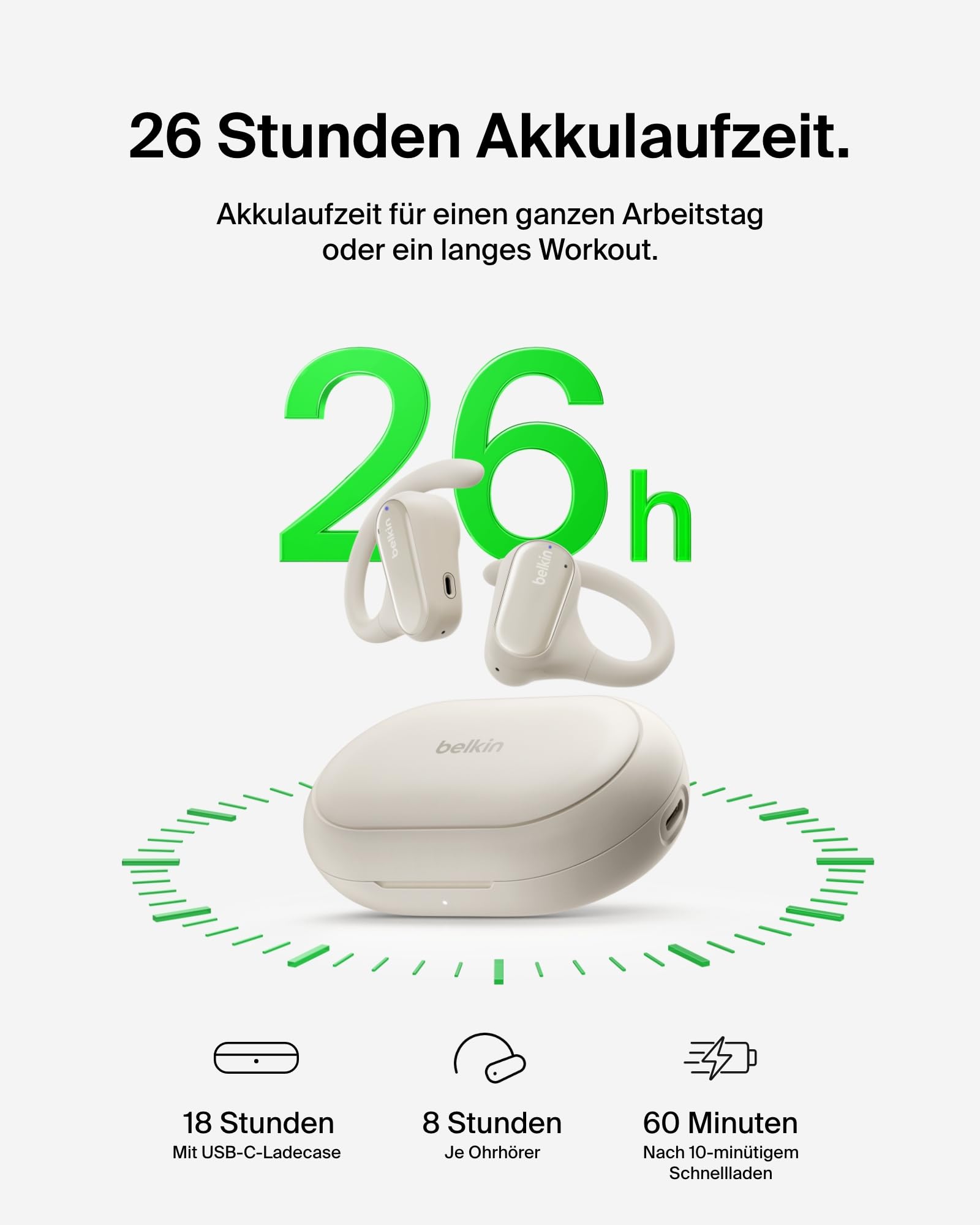 Belkin SoundForm ClearFit kabelloser Open-Ear Kopfhörer, leichter, bequemer Sportkopfhörer, Kopfhörer kabellos Bluetooth und wasserfest nach Schutzart IPX5, zum Wandern, Radfahren, Joggen – Sandfarben