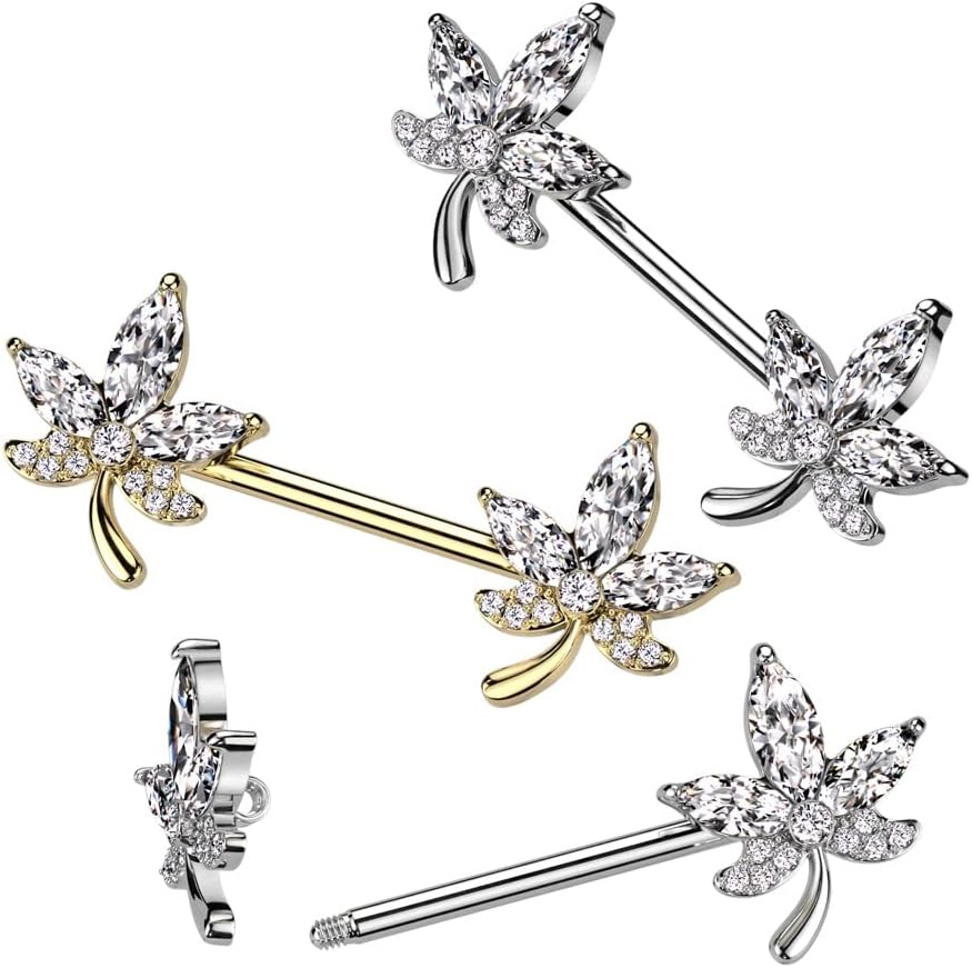 Pierced Owl 14GA 316L Stainless Steel CZ Crystal Leaf Nipple Barbells, Sold as a Pair - Image 3