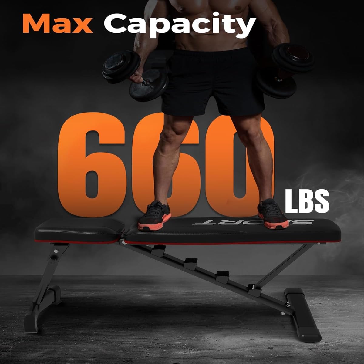 Banco de musculación plegable y ajustable para gimnasio en casa – Capacidad 300 kg – 5 posiciones del respaldo (inclinado, declinado, plano) – Plegado rápido en 2-3 segundos – Ahorro de espacio