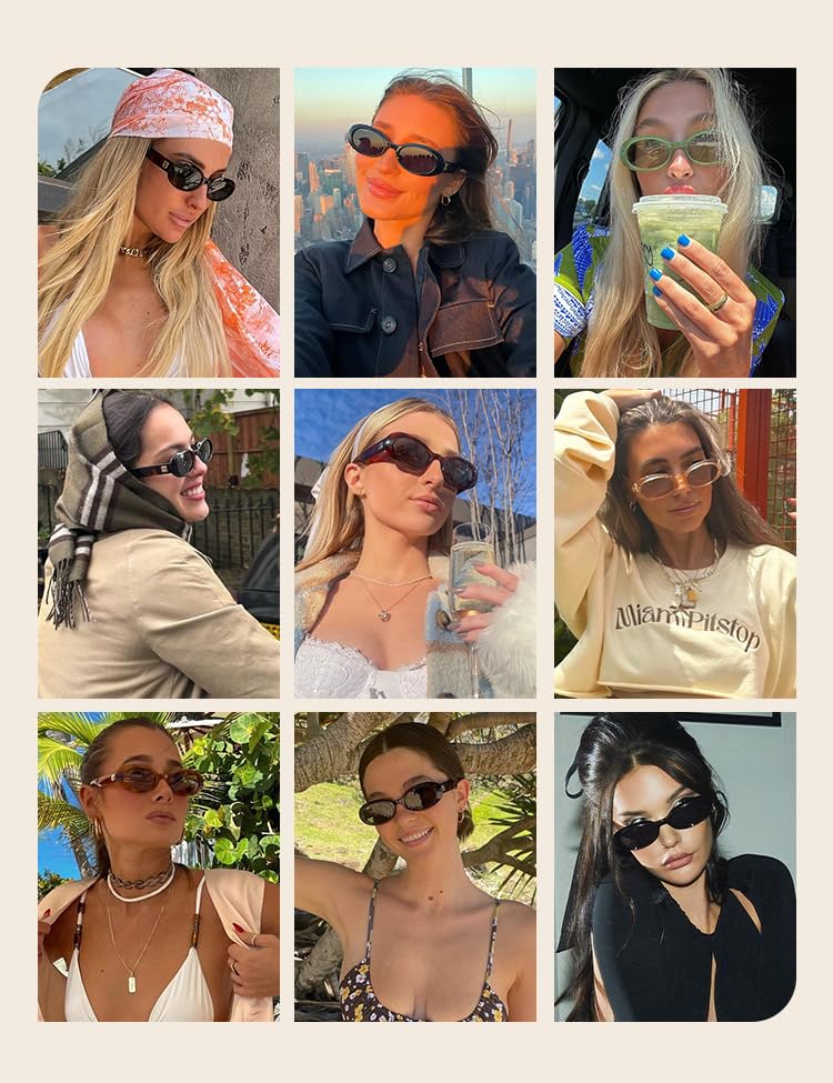 Retro Oval Sunglasses for Women Men Trendy Small 90s Style Vintage Skinny Narrow Frame 2-Pack2