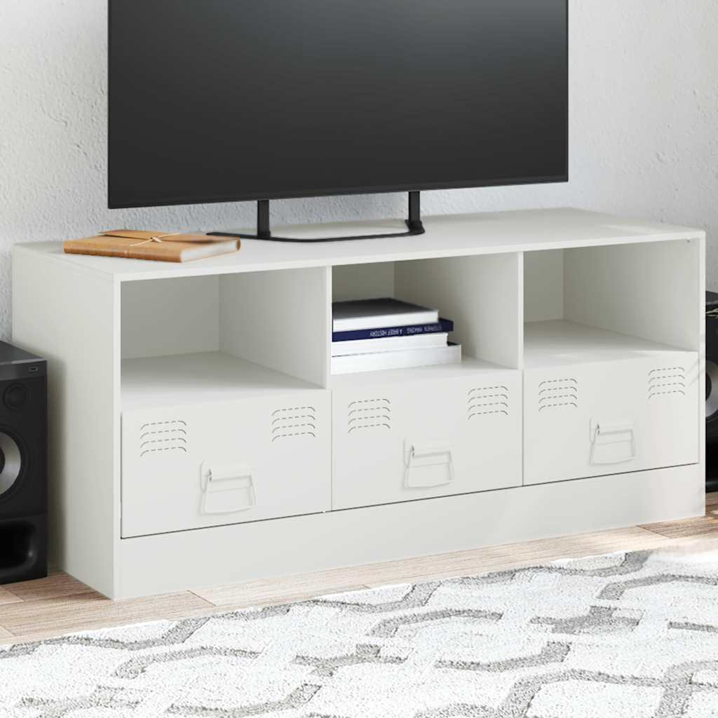 Mobile TV bianco in acciaio laminato a freddo, 99 x 39 x 44 cm, con 3 cassetti e scomparti, credenza bassa per soggiorno, spazio per tavolo TV, HiFi, soundbar, salvaspazio, moderno