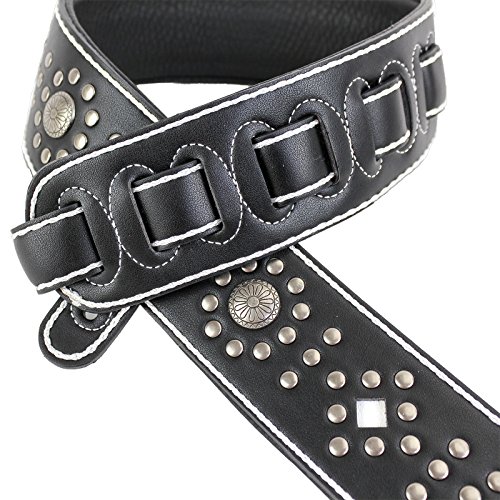 Walker & Williams Gtr-30 Handmade Black Leather Guitar Strap With White Trim, Conchos & Silver Nailhead Rivets For Acoustic, Electric, And Bass Guitars #TOP2