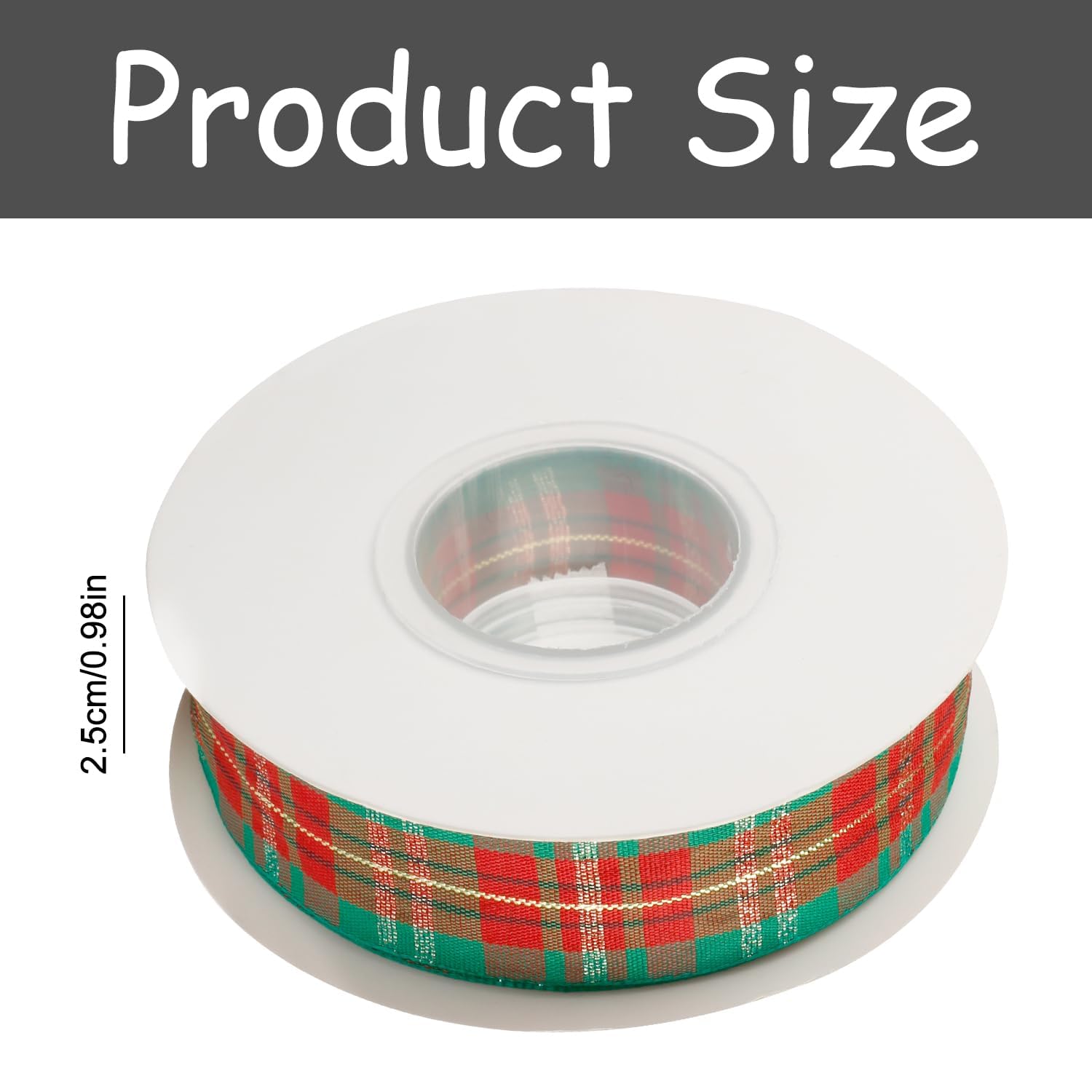 Rumyve Red Green Wired Tartan Ribbon, 2.5cm x 762cm, Polyester, Christmas, Holiday, Classic Plaid - Image 2