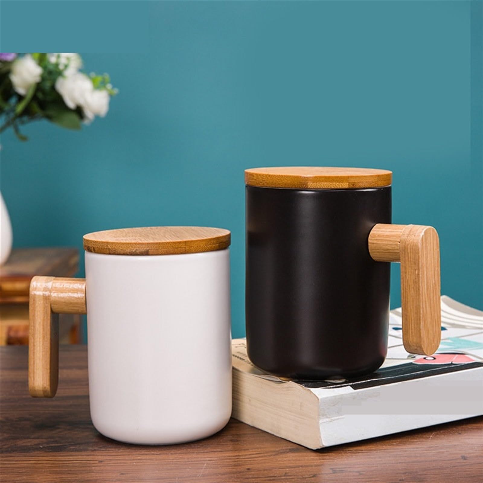 HARAY Tazas Tazas Tazas de café de cerámica Creativas de 380ml con asa y Tapa, Taza de café for el hogar y la Oficina, Taza de Agua Caliente Taza de café (Color : Negro)