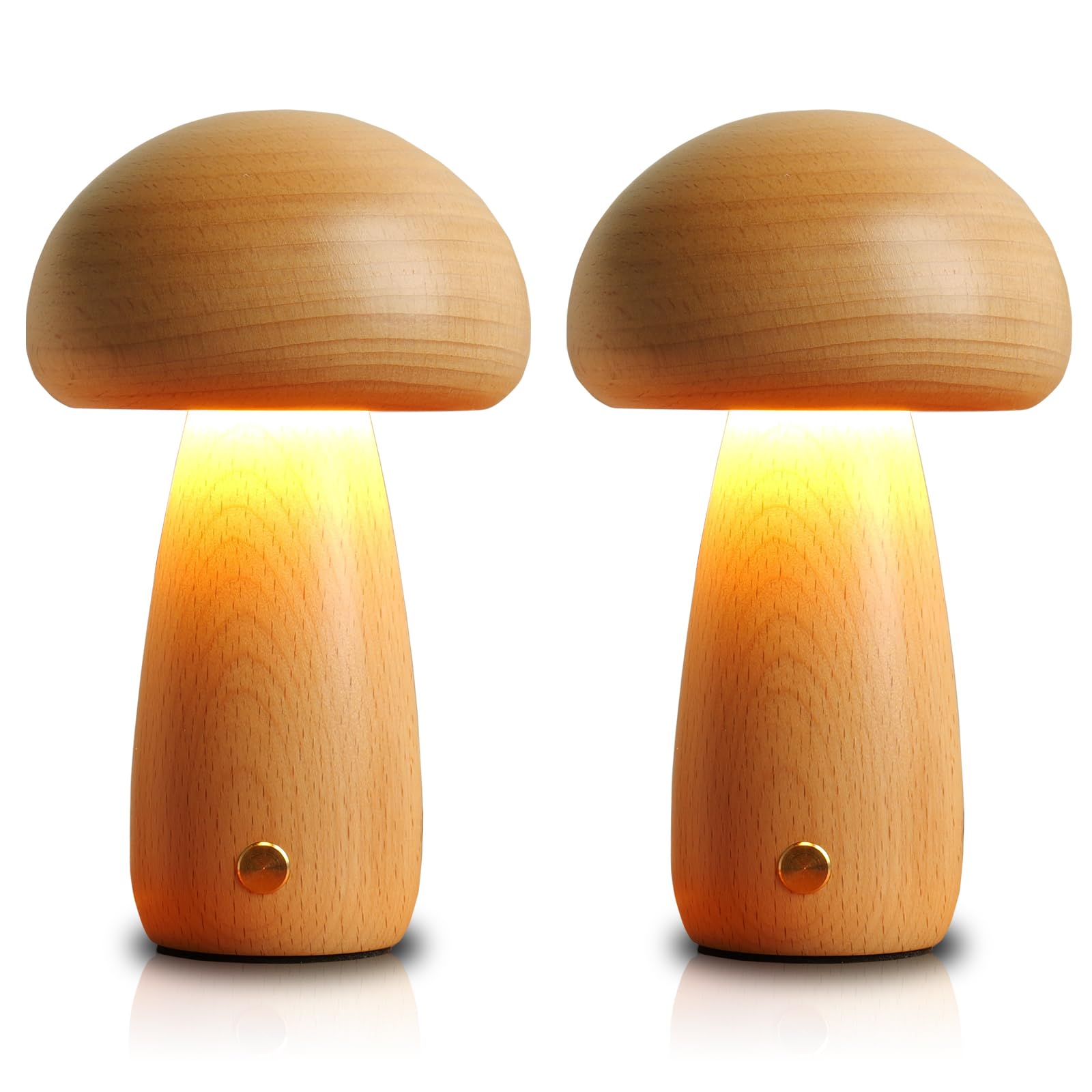LONRISWAY 2 Pack Wooden Mushroom Lamp, Portable Cordless Touch Switch Small Rechargeable Battery Operated Lamp,Stepless Dimming,