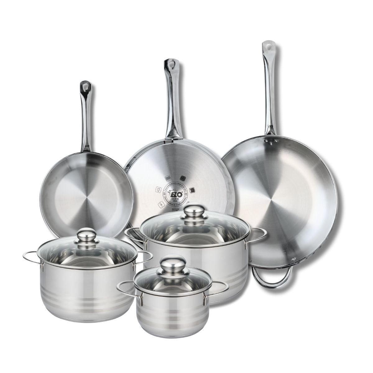 Elo Batterie cuisine 3 poêles 24/28/32 cm et 3 faitouts 16/20/24 cm | 6 pièces pour tout cuisiner, Inox sans revêtement, Poêles 24 28 32 cm, Faitouts 16 20 24 cm, Induction four et lave vaisselle