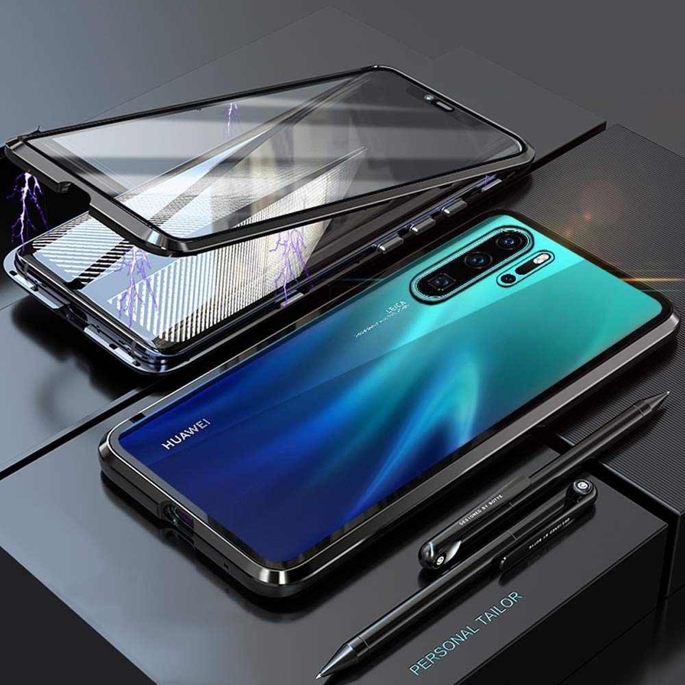 Magnetic for Huawei P20 Lite Magnetic Case, Magnetic Adsorption Technology Metal Frame Case Aluminum 9H Tempered Glass Front and Back Cover [Support Wireless Charging] for Huawei P20 Lite
