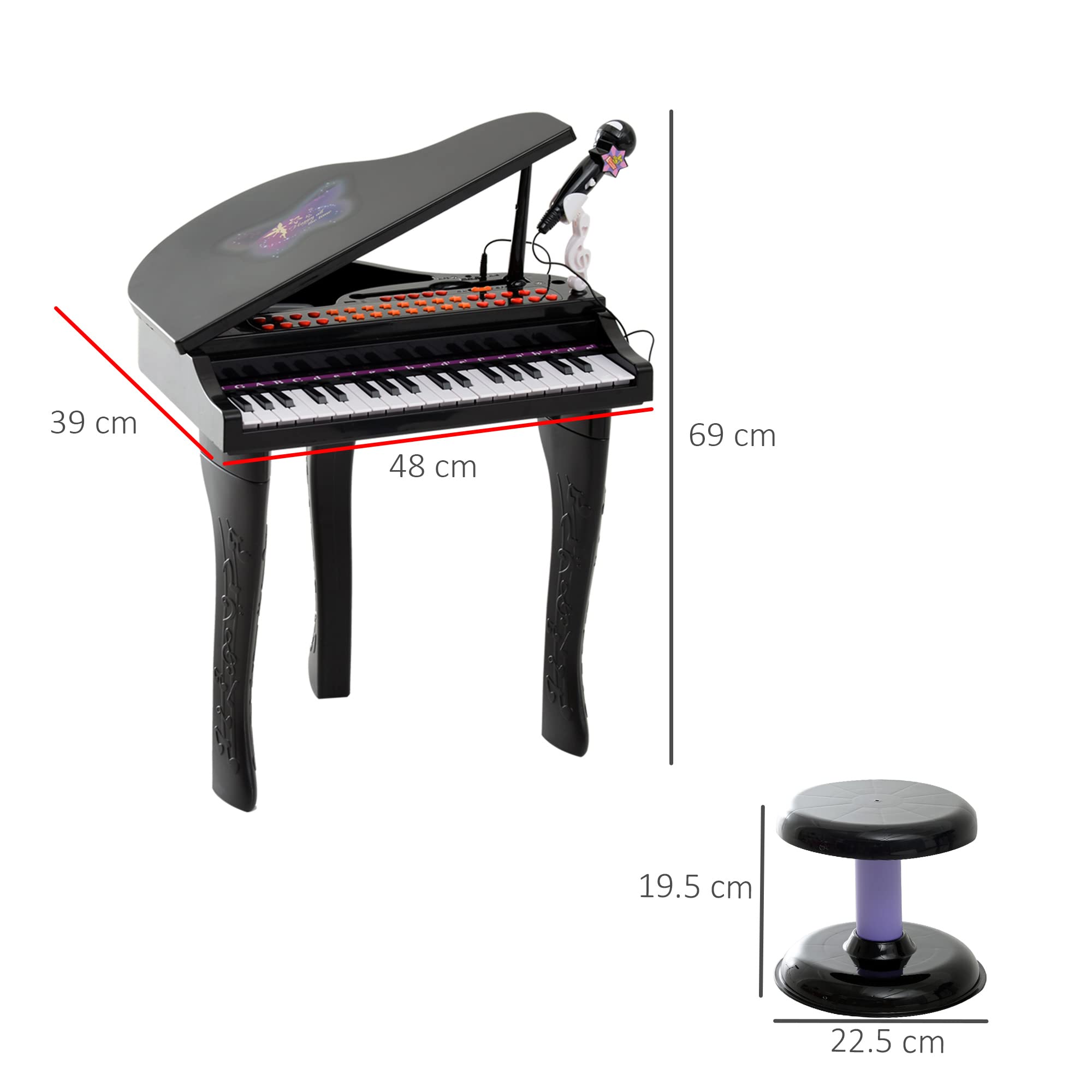 HOMCOM Pianoforte Elettrico Giocattolo Strumento Musicale per Bambini con 37 Tasti Microfono e Sgabello 48x39x69cm Nero