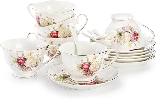Miniatura 5 de Foraineam Juego de 6 tazas de té florales con platillos y cucharas, tazas de café y platillos con ribete dorado, taza de café con leche marfil de