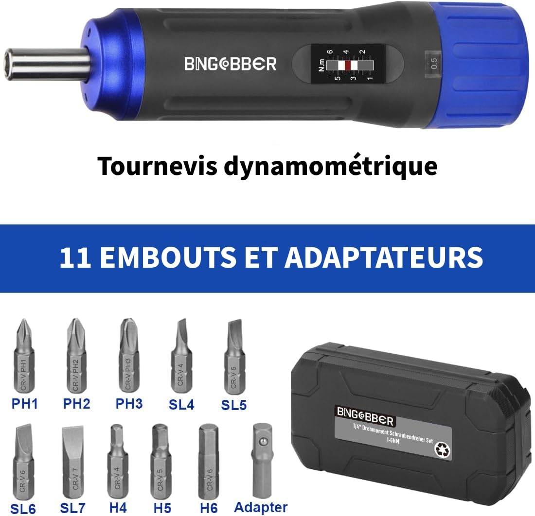 Clé tournevis dynamométrique 1-6 Nm | Jeu de clés dynamométriques pour la réparation de vélo avec porte-embouts