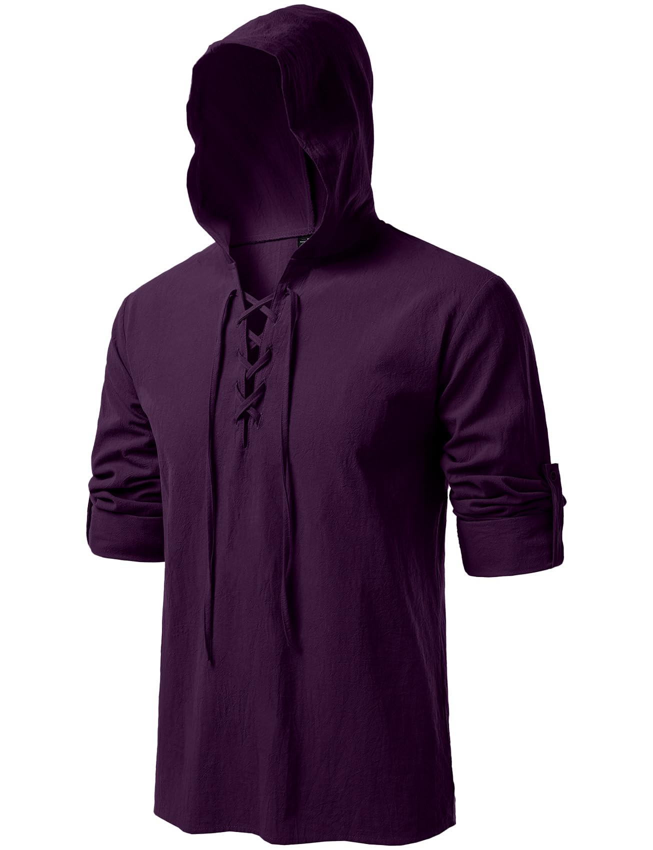 JEMITOP Men's Retro Style Renaissance Costume Roll Up Long Sleeve Lace Up Hooded Shirts for Pirate Viking Medieval Halloween Cosplay Clothing Purple XL