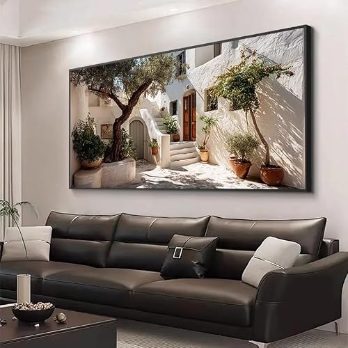 Dittelle Modern Mediterranean Courtyard Landscape Canvas Wall Art Unframed Greek Island Canvas Prints for Living Room Decor(80x160cm/ Frameless)