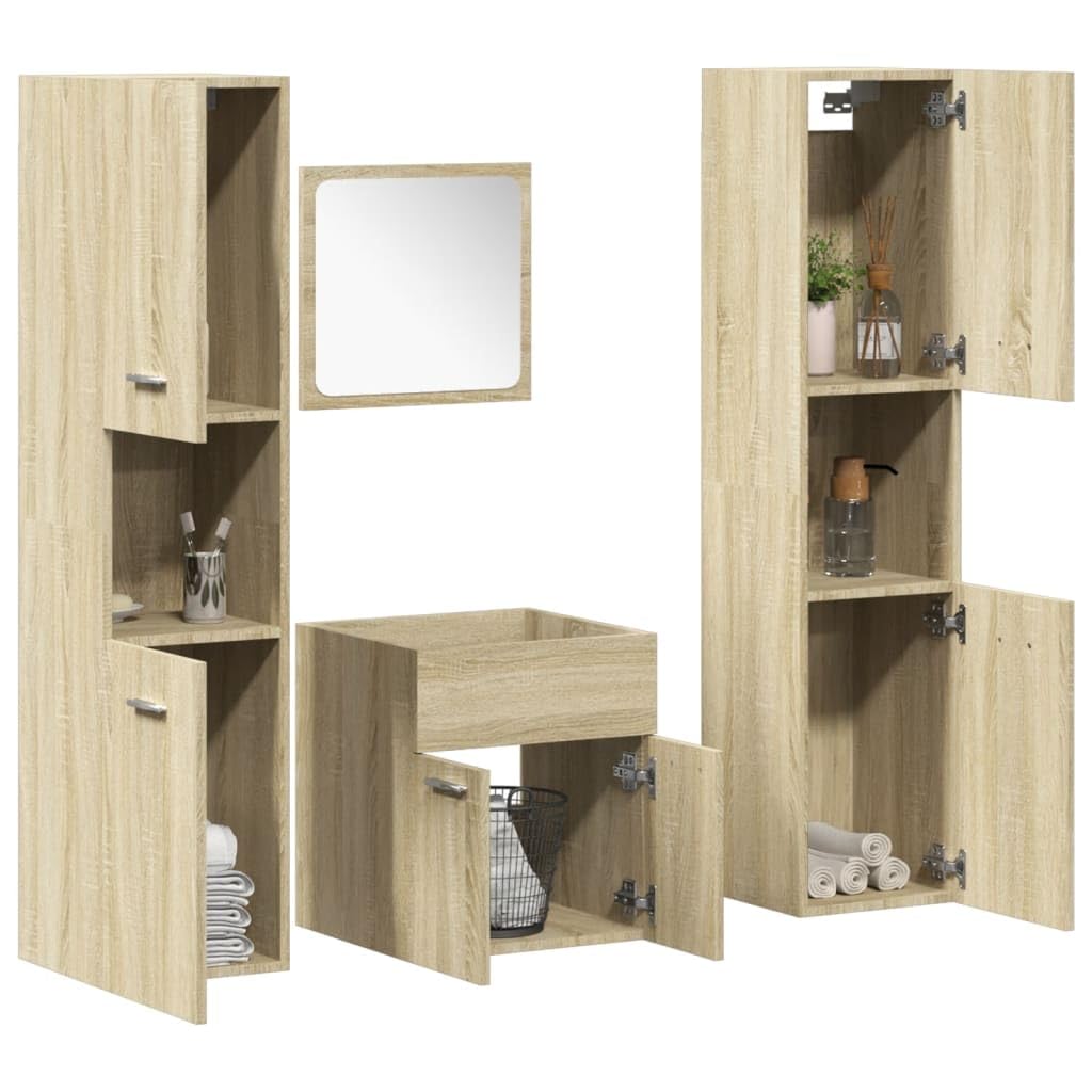 4-TLG. Badmöbel-Set Sonoma-Eiche Holzwerkstoff mit Hochschrank und Spiegel, wandmontierbar, feuchtigkeitsbeständig, klare Glas-Spiegelfläche für Make-up und Rasur