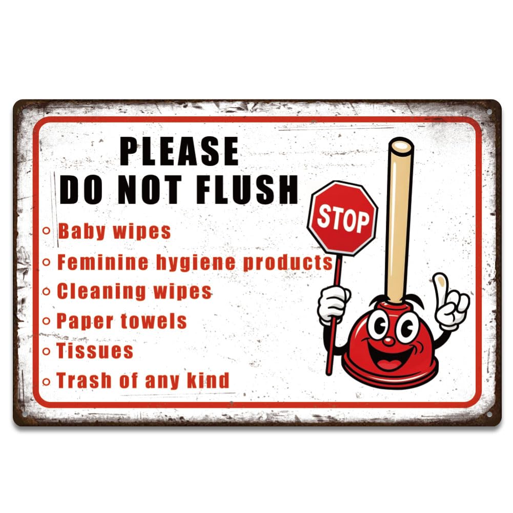 SUPERDANT Toilet Metal Signs STOP Symbol Tin Signs Please Do Not Flush Wipes Wall Plaques Funny Toilet Reminder Poster Art for Bathroom Restroom Vintage Decor 30x20cm