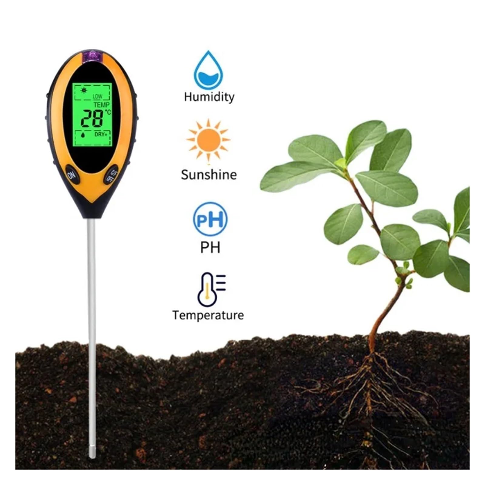 Medidor Digital De PH Del Suelo 4 En 1, Monitor De Humedad, Probador De Temperatura Y Luz Solar For Cultivo De Plantas De Jardín Con Luz Negra