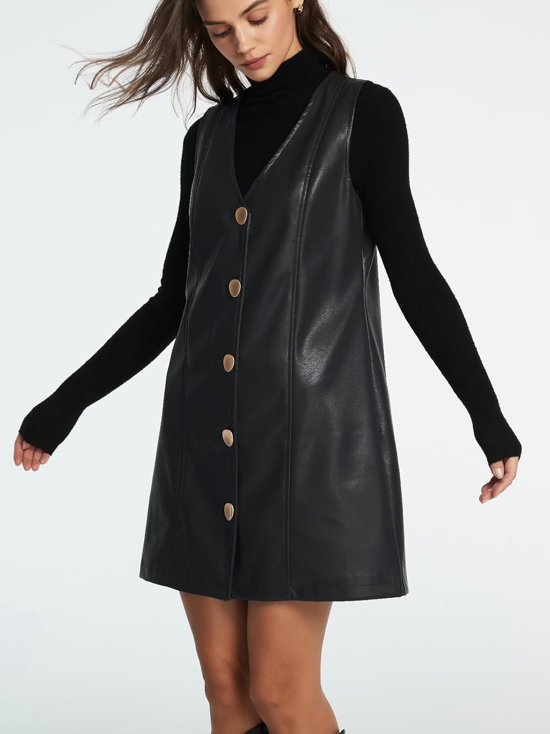 Women Faux Leather Mini Dress Sleeveless V Neck Button Down Pinafore Dress - Image 3