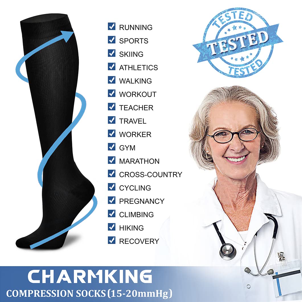 CHARMKING Calze Compressionanti Uomo Donna Circolazione 15-20mmHg Il miglior supporto per Corsa Atletica Ciclismo 8 paia di Calze, 28 nero/rosa/blu, Small/Medium
