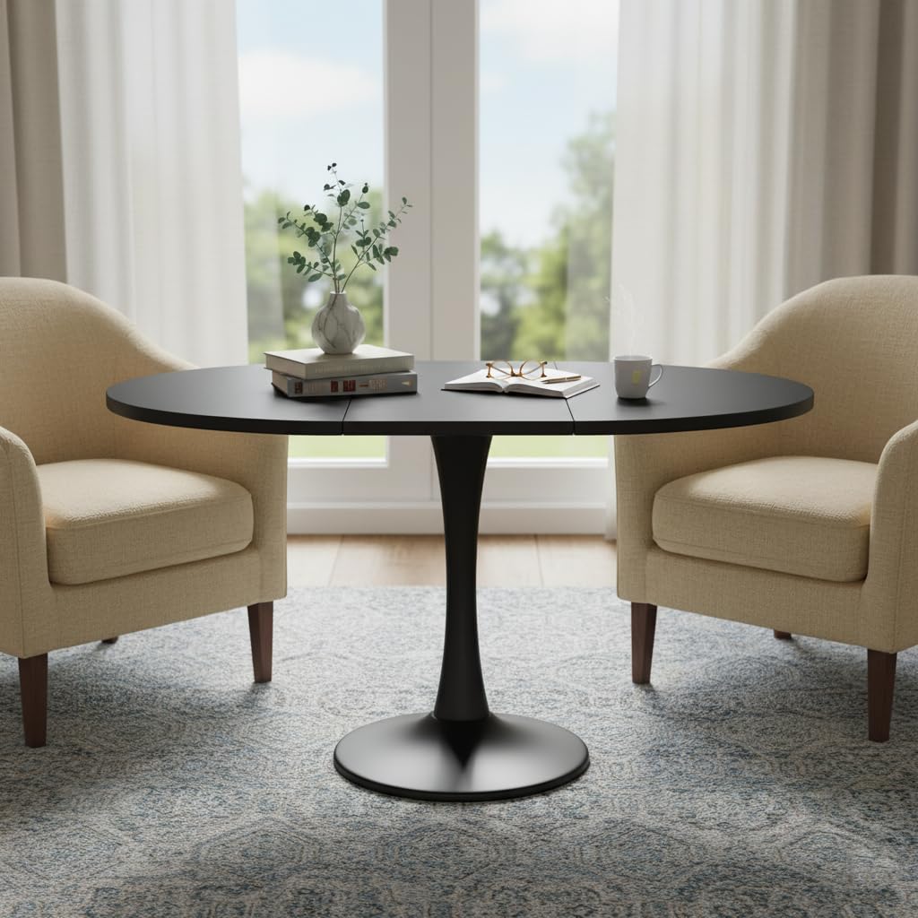 Tavolo da pranzo allungabile, rotondo, per 4-6 persone, tavolo da pranzo, pieghevole, per soggiorno, tempo libero, stile semplice, nero, 100/140 x 100 x 75 cm