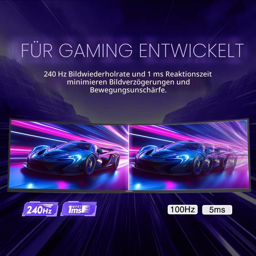 Viewedge Moniteur Gaming incurvé 49 Pouces 240 Hz 1 ms | HDR 5120x1440 HDMI 2.1, DisplayPort 1.4, USB-C, Hub USB Schwarz
