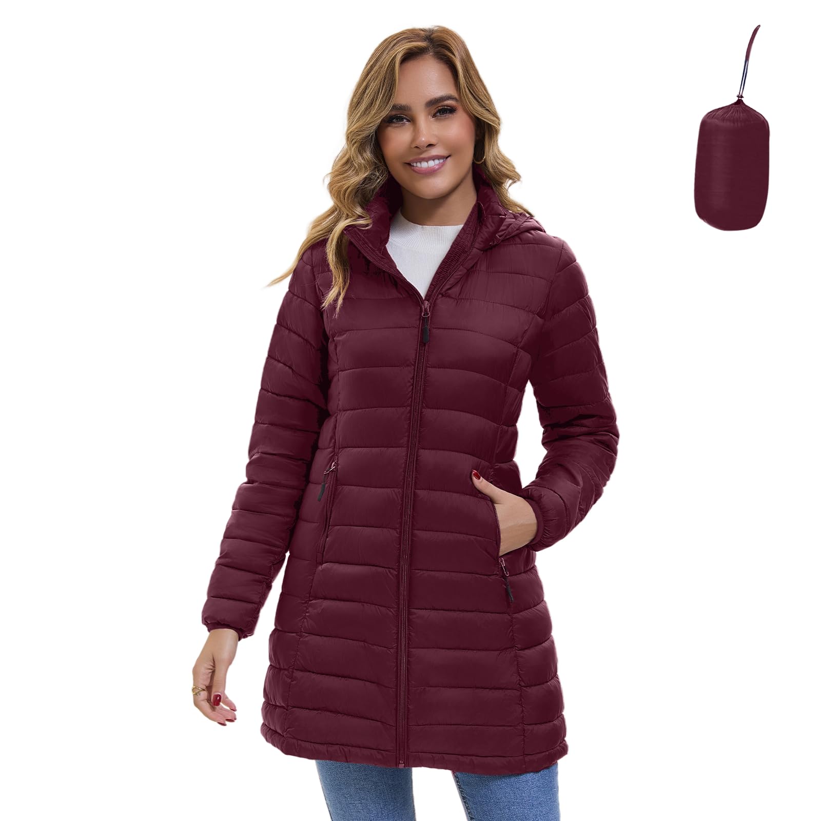Poemdora Women's Wine Packable Puffer Jacket, Lightweight Winter Puffer Coat With Detachable Hood (,Xxl)