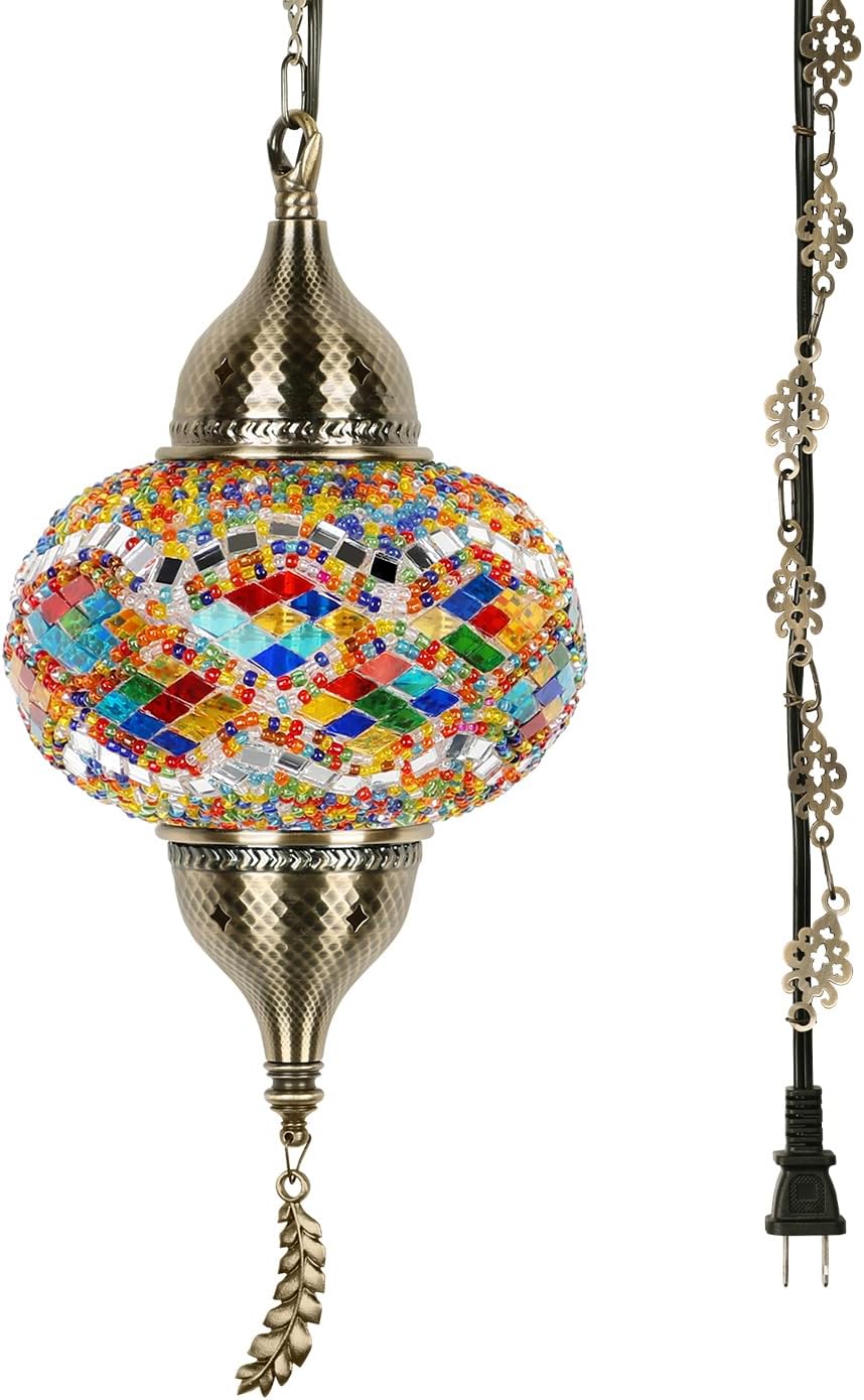 Yarra-Decor Turkish Moroccan Pendant Hanging Light with 15-Foot Cord - Exquisite Tiffany Style Mosaic Ceiling Lamp for Bedroom, Living Room(Multicolor1)