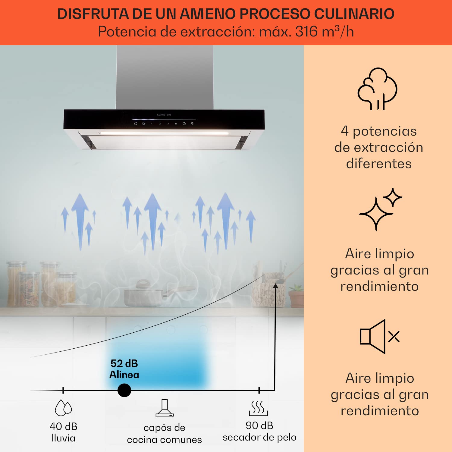 Klarstein Campana Extractora Pared para Cocina, Extractor Cocina con Filtro Aluminio Anti Grasa, Apto Lavavajillas, Flujo de Aire 577m³/h, Campanas Extractoras Techo con Luces LED y Panel Táctil