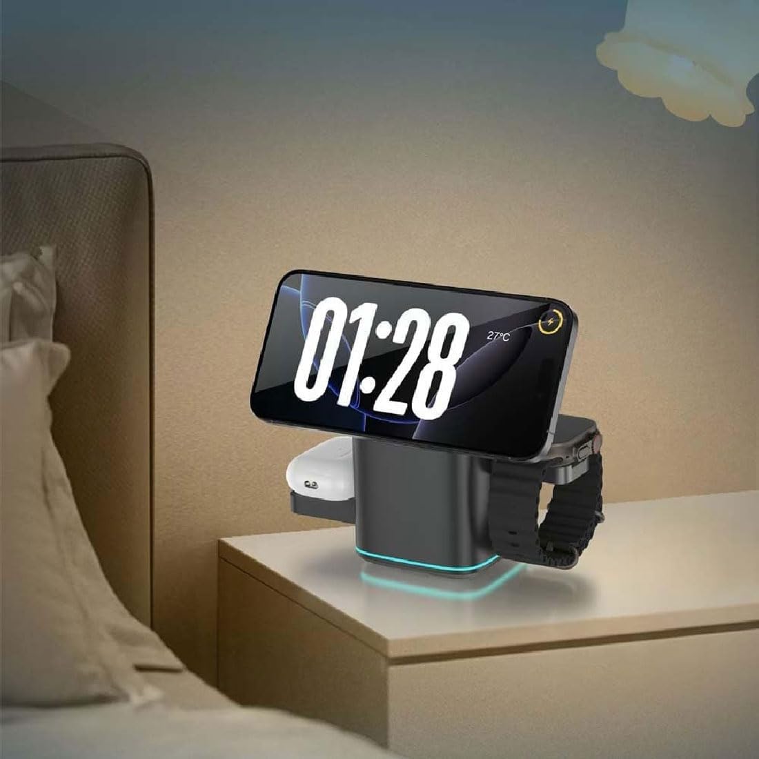 Subsistenceed Cargador inalámbrico 3 en 1, estación de carga táctil multidispositivo con soporte magnético de rotación automática de 15 W, base de carga rápida plegable para teléfonos inteligentes