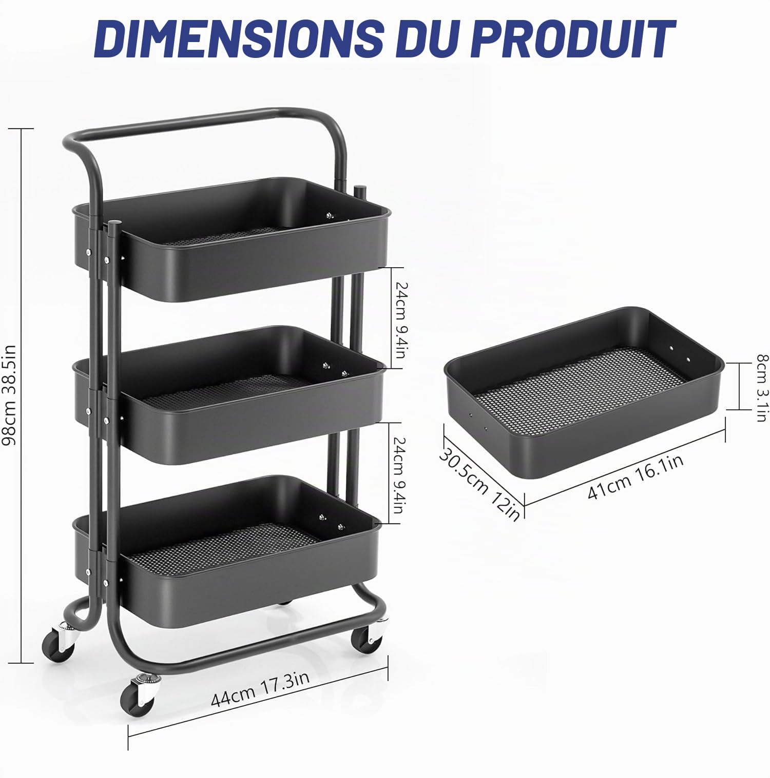 Chariot de Service Chariot de Cuisine Étagère de Cuisine, avec poignée et roulettes verrouillables, Chariot Multi-Usage Amovible, Convient pour la Salle de Bain et la Cuisine, Noir