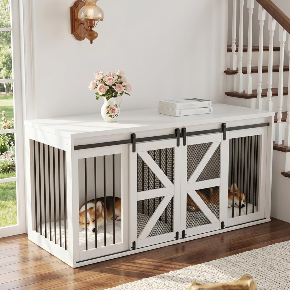 Hundeschrank mit Scheunentor-Tür, 160 x 60 x 75 cm Hundebox Möbel | Indoor-Hundehaus aus Metall und Faserplatte für Zwei Hunde, mit fester mittlerer Trennwand, mit Schiebetüren, Weiß